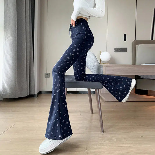 UNIKCOSA’s Retro Smile Print Pants — Wide-Leg Bell-Bottom Floor-Length Trousers