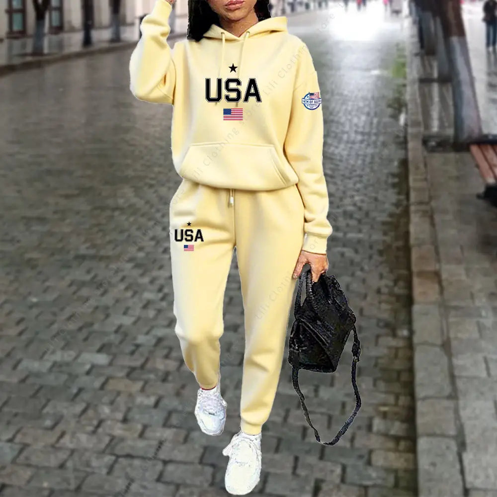 UNIKCOSA’s USA Letter Tracksuit — Hoodie + Jogger Pants 2-Piece Autumn/Winter Set