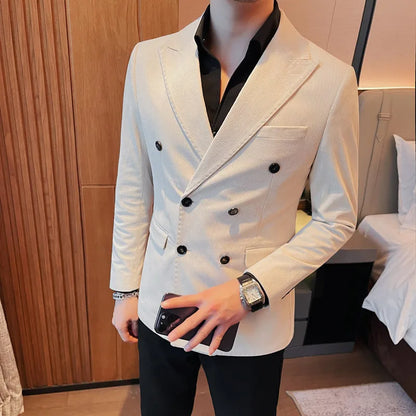 UNIKCOSA Men’s Double-Breasted Corduroy Blazer – Slim Fit Striped Suit Jacket (M–4XL)
