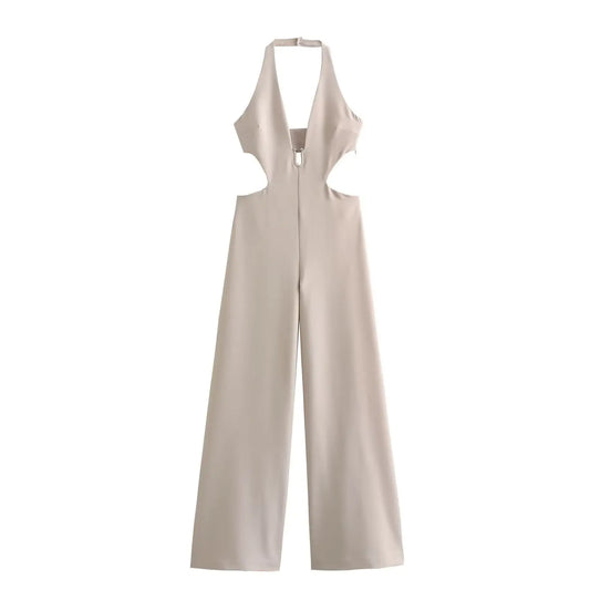 UNIKCOSA Women’s Beige Jumpsuit – Sexy Halter Backless Hollow-Out Sleeveless Slim Fit One-Piece