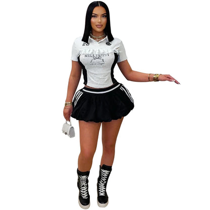 UNIKCOSA’s 2025 Lace Patchwork Mini Skirt Set — Letter Print Crop Top + Fluffy Skirt Co-Ord