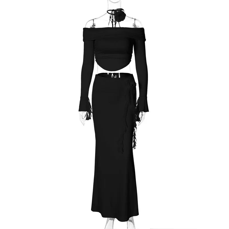 UNIKCOSA Women’s Ruffled 2-Piece Evening Set – Cropped Tube Top & Long Skirt Outfit (Elegant Party 2025 Edition)