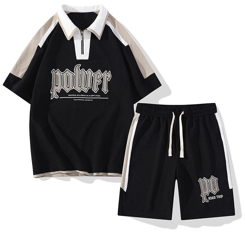UNIKCOSA Men’s Summer Two-Piece Set – Casual Lapel Short-Sleeve T-Shirt & Matching Shorts (Youth Sports Edition)