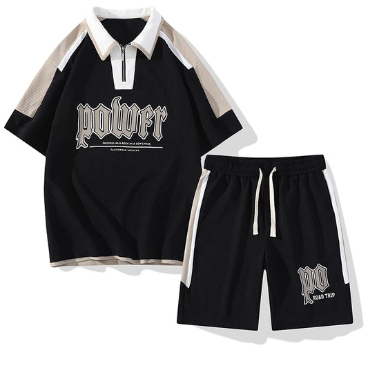 UNIKCOSA Men’s Summer Two-Piece Set – Casual Lapel Short-Sleeve T-Shirt & Matching Shorts (Youth Sports Edition)