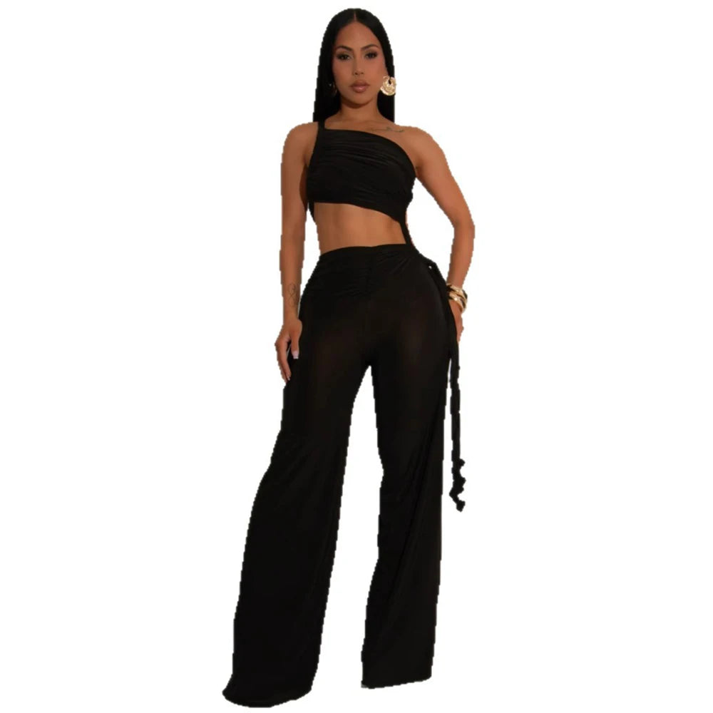 UNIKCOSA’s 2025 Ruched Patchwork Jumpsuit — Halter Sleeveless Wide-Leg Romper