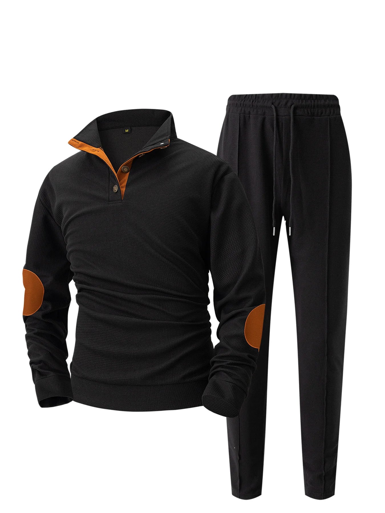 UNIKCOSA Men’s Knit Sweater Set – Quarter-Button Pullover with Contrast Elbow Patches & Elastic Waist Pants (2-Piece Tracksuit 2025 Edition)