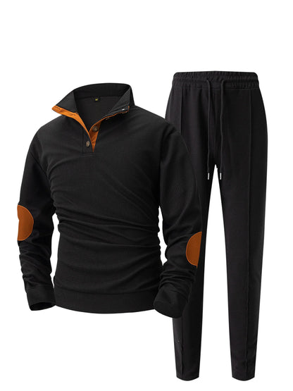 UNIKCOSA Men’s Knit Sweater Set – Quarter-Button Pullover with Contrast Elbow Patches & Elastic Waist Pants (2-Piece Tracksuit 2025 Edition)