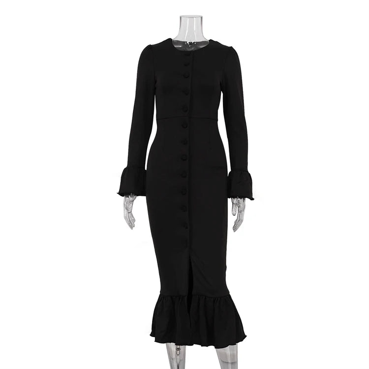 UNIKCOSA Women’s Knitted Ruffle Dress – Solid Color Button-Up Flared Sleeve Long Dress (Autumn 2025 Office Edition)
