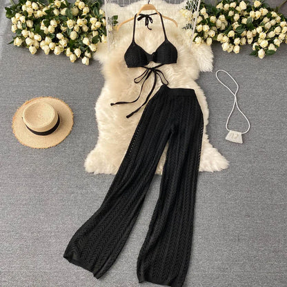 UNIKCOSA Women’s Seaside Set – Bikini Halter Top & Hollow-Knit Wide-Leg Pants (Summer Holiday Edition)
