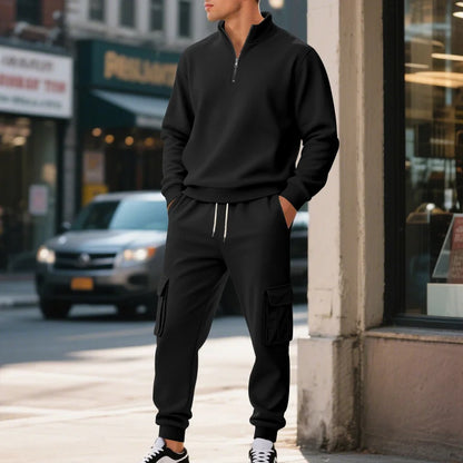 UNIKCOSA Men’s Winter Fleece Tracksuit – Half-Zip Stand Collar Sweatshirt & Cargo Jogger Pants 2-Piece Thermal Set (2025 Edition)