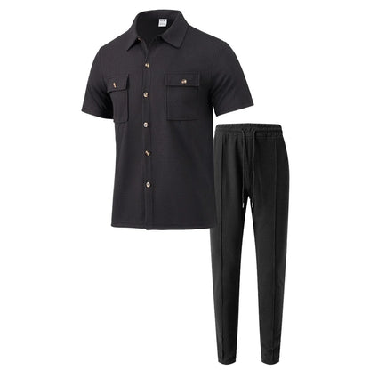 UNIKCOSA Men’s Vacation Set – Short Sleeve Button Shirt & Drawstring Pants Two-Piece Outfit (Polyester S–3XL Edition)