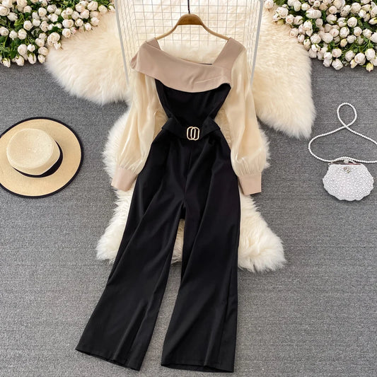 UNIKCOSA Women’s Ruffle Jumpsuit – Spring/Autumn Long Sleeve High-Waist Wide-Leg One-Piece (Elegant Edition)