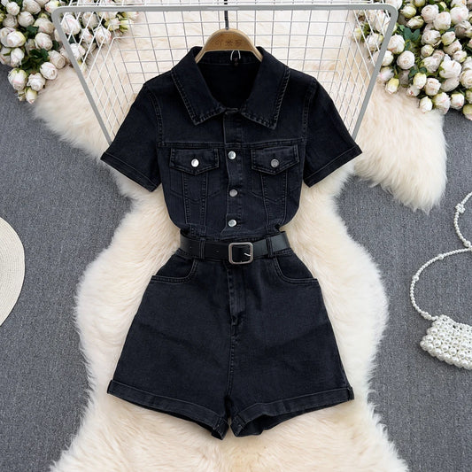 UNIKCOSA Women’s Denim Polo Jumpsuit – Summer Short Sleeve Single-Breasted Wide-Leg Shorts One-Piece