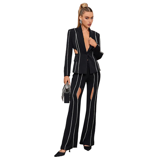 UNIKCOSA Women’s Diamond Bandage Suit – Luxury Jacket & Pants Two-Piece Set (Fall/Winter High Fashion 2025 Edition)