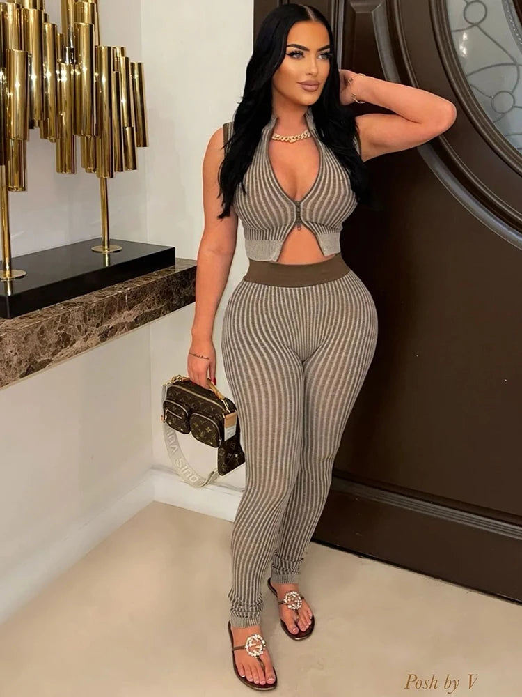 UNIKCOSA’s Sporty Chic 2-Piece Tracksuit — Zip Tank Top + Stripe Leggings Matching Set
