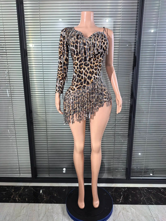 UNIKCOSA’s Leopard Crystal One-Shoulder Mini Dress — Rhinestone Bodycon Party Glam