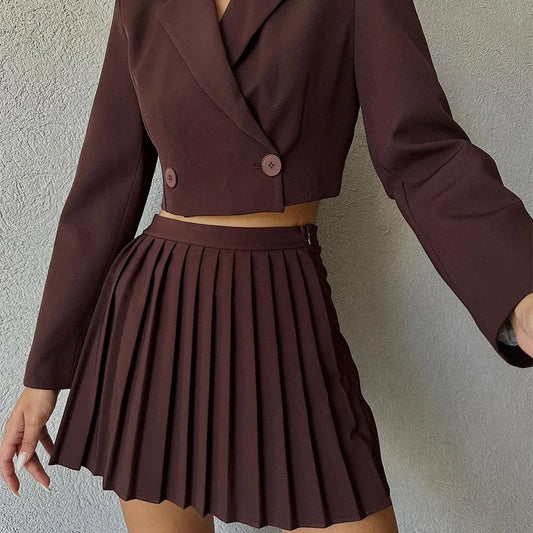 UNIKCOSA Fashion Suit Set — Cropped Blazer + High-Waist Pleated Mini Skirt