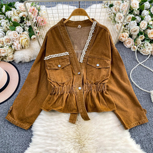 Boutique Wholesale 2025 Autumn New Fashionable Diamond Studded V-neck Waist Cinched Short Denim Women's Jacket