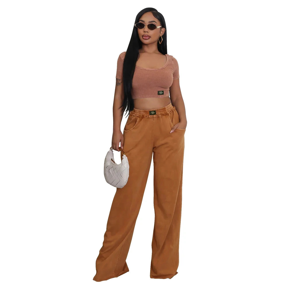 UNIKCOSA’s Distressed Tracksuit Set — U-Neck Crop Top + Wide-Leg Pants Elegance