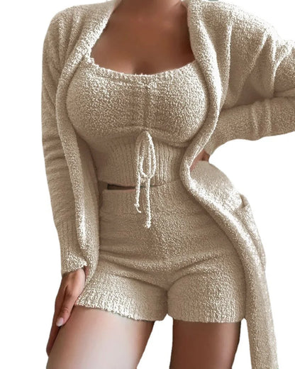 UNIKCOSA Women’s Plush Pajama Set – 3-Piece Luxury Sleepwear with Shorts, Bra Top & Robe