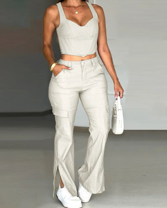 UNIKCOSA™ 2025 Summer/Fall Elegant 2-Piece Set – V-Neck Buttoned Vest Top & High-Waist Wide-Leg Pants with Pocket Design | Women’s Matching Suit