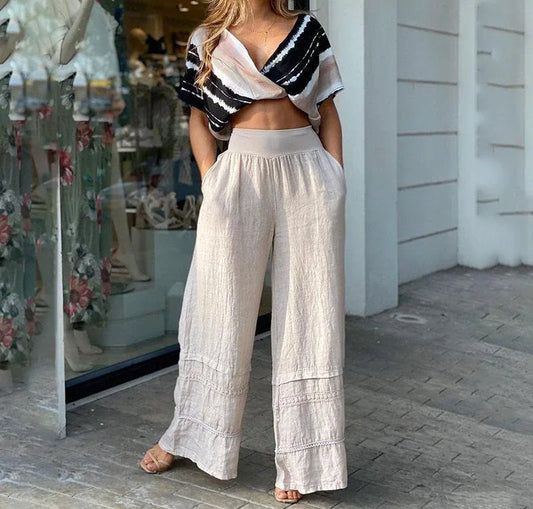 UNIKCOSA™ Elegant High-Waist 2-Piece Set – V-Neck Bat Sleeve Crop Top & Flared Pants | Women’s Streetwear Matching Outfit