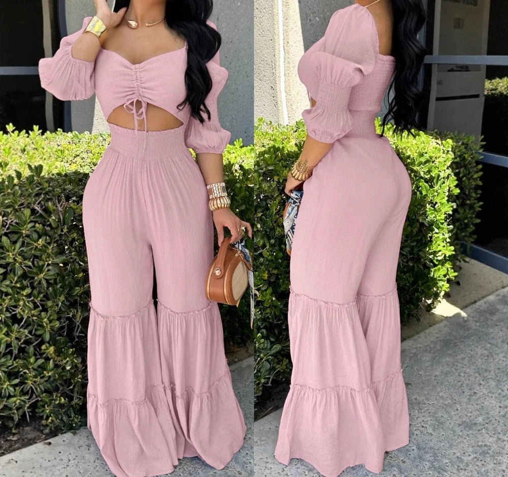 UNIKCOSA’s Elegant High-Waist Jumpsuit — Square Neck, Long Sleeve, Drawstring Shirred One-Piece