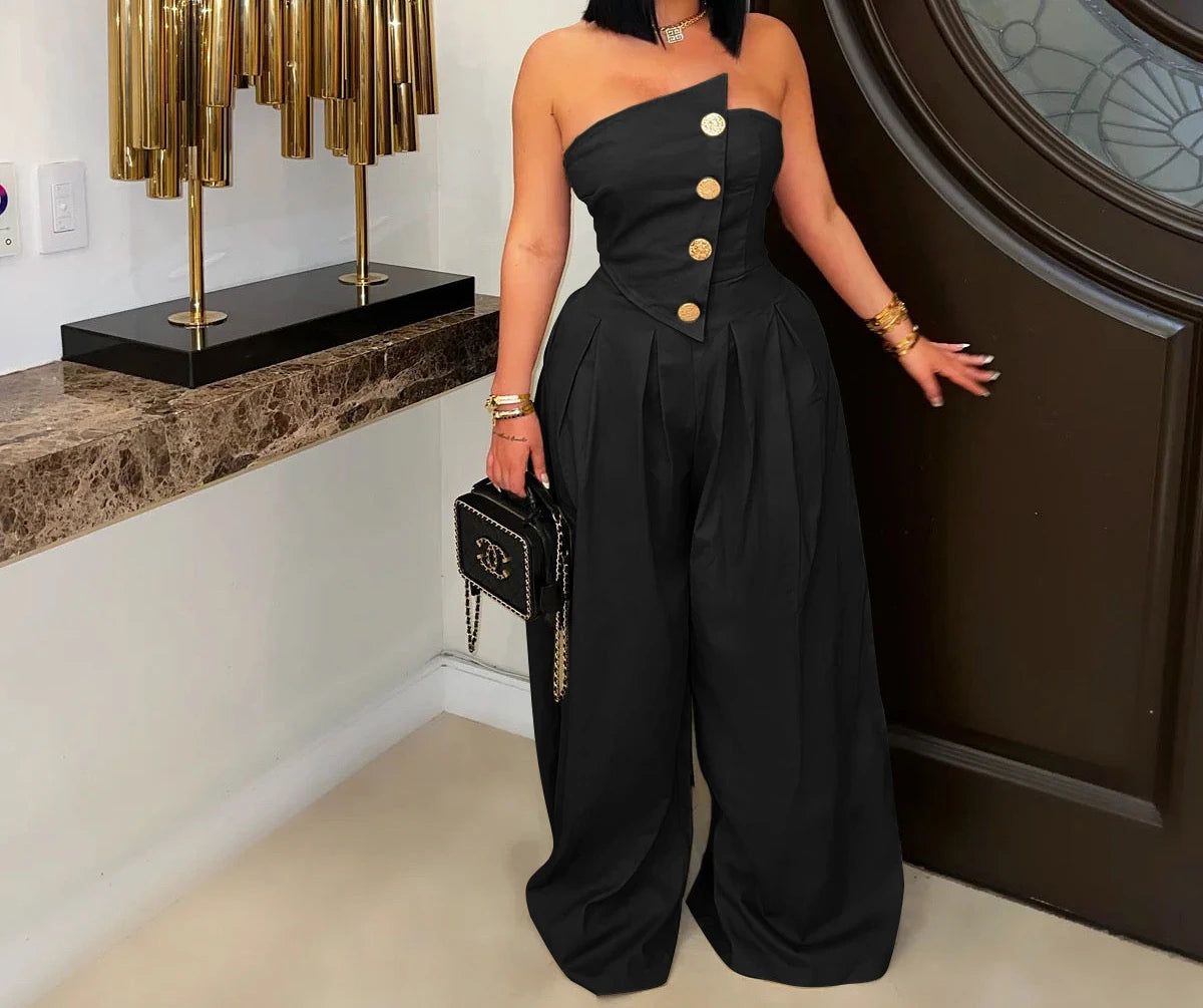 UNIKCOSA™ 2025 Summer Strapless Jumpsuit – Sexy High-Waist Button-Up Wide-Leg One-Piece | Women’s Sleeveless Fashion Outfit