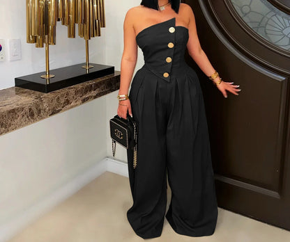 UNIKCOSA™ 2025 Summer Strapless Jumpsuit – Sexy High-Waist Button-Up Wide-Leg One-Piece | Women’s Sleeveless Fashion Outfit