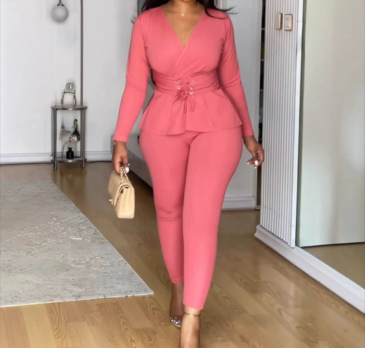 UNIKCOSA™ 2025 Fall Elegant 2-Piece Pant Set – V-Neck Slim-Fit Top & High-Waist Long Pants | Women’s Solid Casual Work Suit