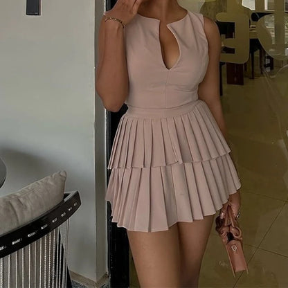 UNIKCOSA™ 2025 Summer V-Neck Dress – Elegant High-Waist Pleated A-Line Short Dress | Women’s Fresh Casual Fashion Outfit