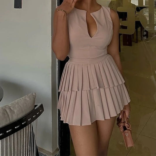 UNIKCOSA™ 2025 Summer V-Neck Dress – Elegant High-Waist Pleated A-Line Short Dress | Women’s Fresh Casual Fashion Outfit