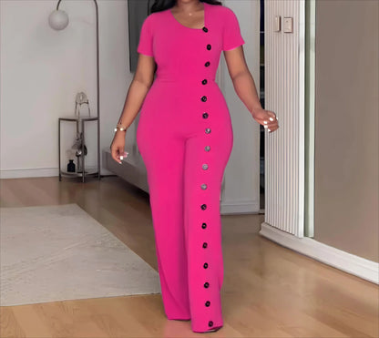 UNIKCOSA™ 2025 Summer Elegant Jumpsuit – Short Sleeve Button-Up Wide-Leg One-Piece | Women’s Solid Color Romper for Parties & Events