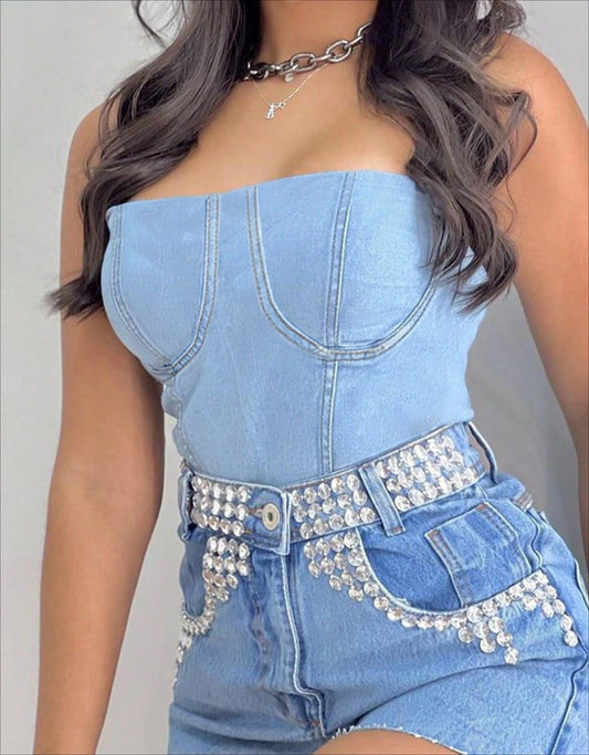 UNIKCOSA™ 2025 Summer Denim Tank Top – Sexy Solid Bandeau Crop Vest with Back Zipper | Women’s Sleeveless Hot Girl Casual Outfit