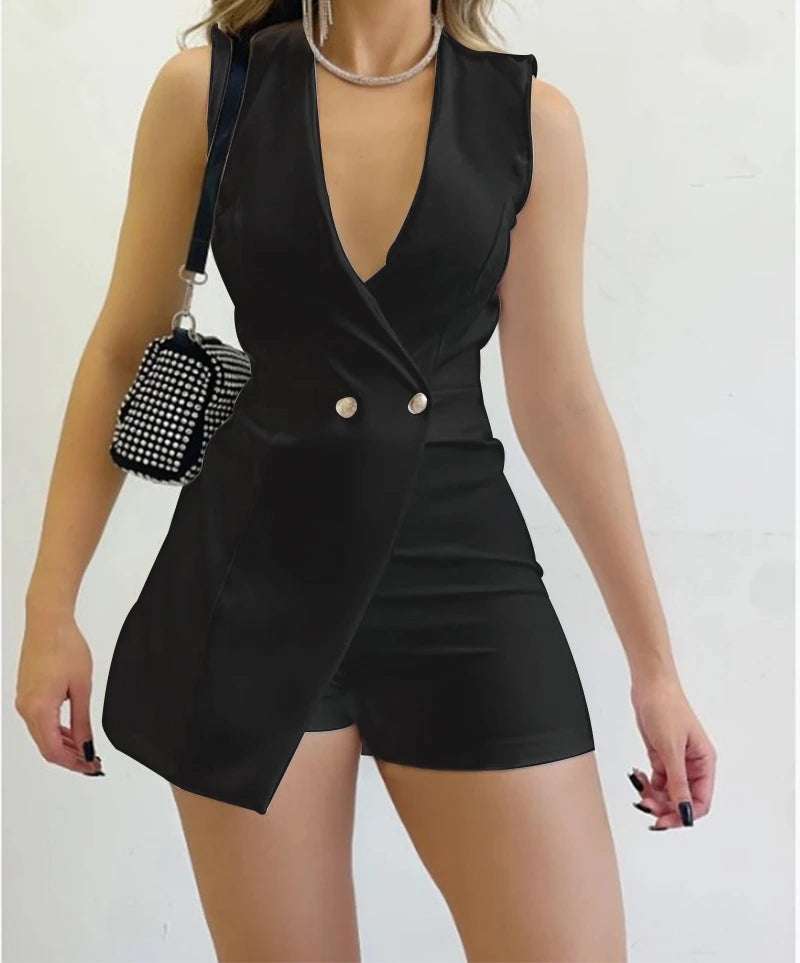 UNIKCOSA™ Summer 2024 Elegant Short Jumpsuit – Women’s Sleeveless Slim Fit High-Waist One-Piece | Solid Color Sexy Office & Fashion Outfit