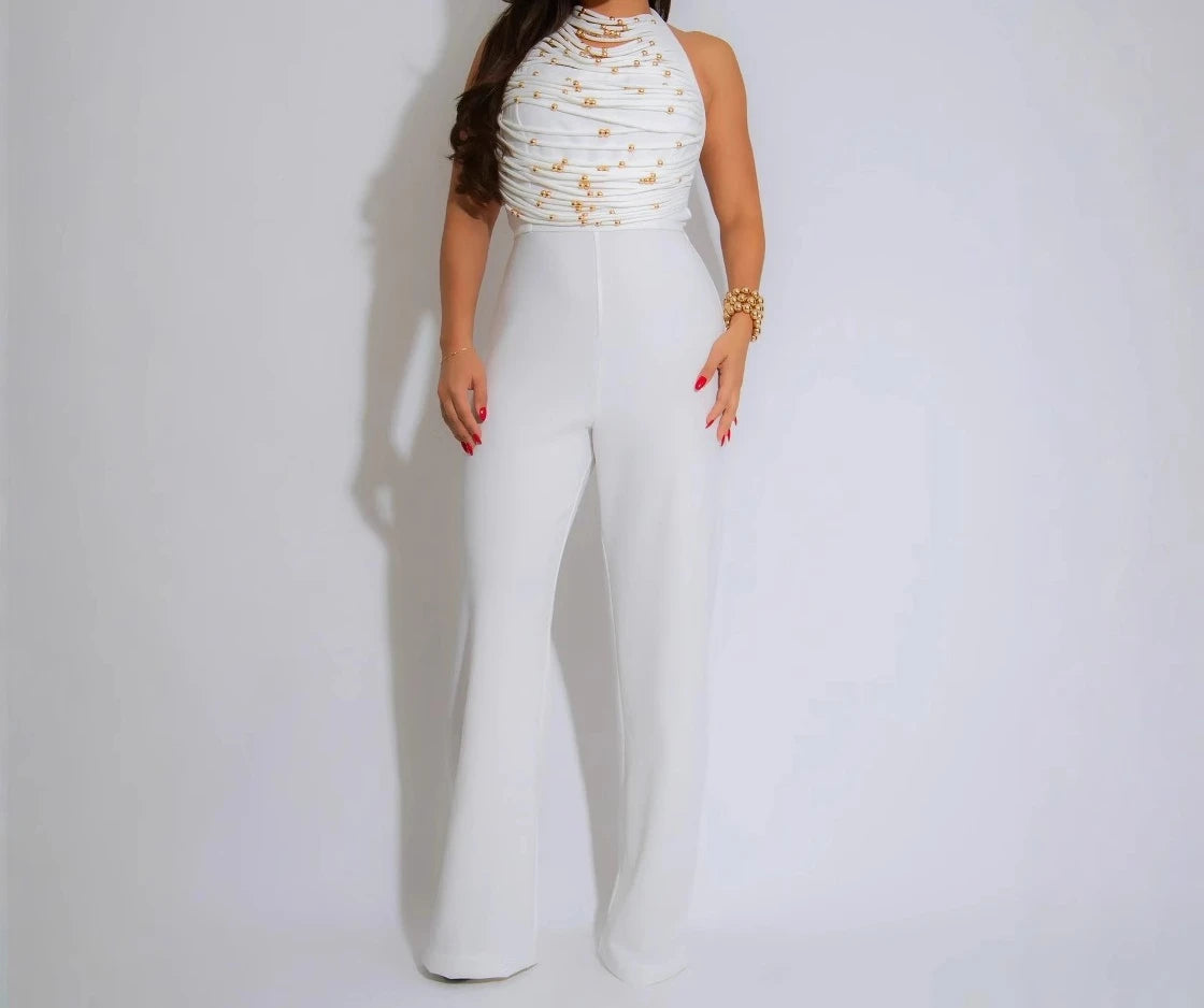 UNIKCOSA™ 2025 Beaded Halter Jumpsuit – Sexy Backless Wide-Leg One-Piece Outfit | Women’s Fitted Romper for Clubwear & Summer Parties