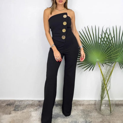 UNIKCOSA™ 2025 Summer Elegant Strapless Jumpsuit – Sexy Button-Decor Wide-Leg One-Piece | Women’s Sleeveless Streetwear Outfit