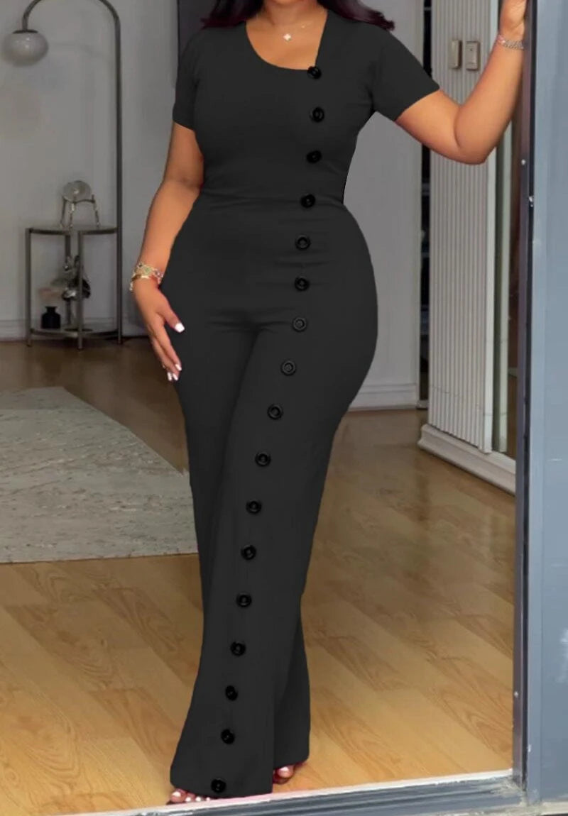 UNIKCOSA™ 2025 Summer Elegant Jumpsuit – Short Sleeve Button-Up Wide-Leg One-Piece | Women’s Solid Color Romper for Parties & Events