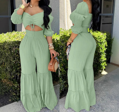 UNIKCOSA’s Elegant High-Waist Jumpsuit — Square Neck, Long Sleeve, Drawstring Shirred One-Piece