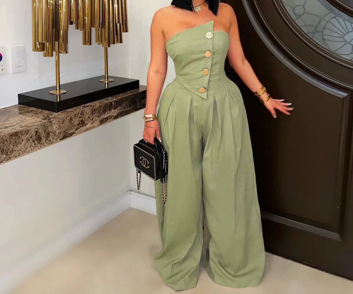 UNIKCOSA™ 2025 Summer Strapless Jumpsuit – Sexy High-Waist Button-Up Wide-Leg One-Piece | Women’s Sleeveless Fashion Outfit
