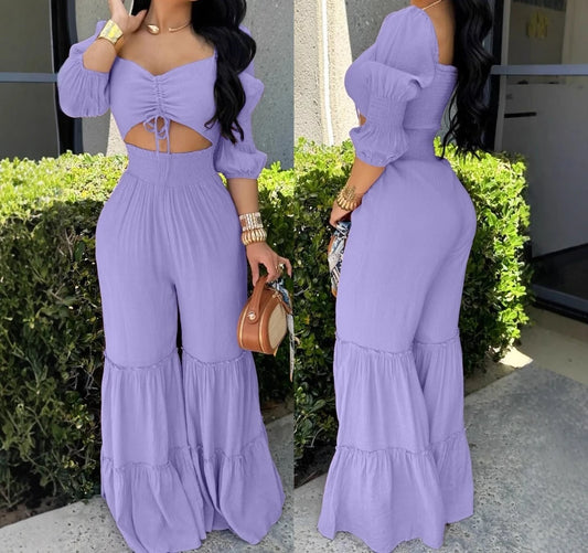 UNIKCOSA™ Summer Solid Jumpsuit – Women’s Square Neck Long-Sleeve One-Piece | High-Waist Shirred Drawstring Romper's Jumpsuits High Waist Solid One Piece Pants Summer Female Fashion Square Neck Long Sleeve Drawstring Shirred Long Rompers