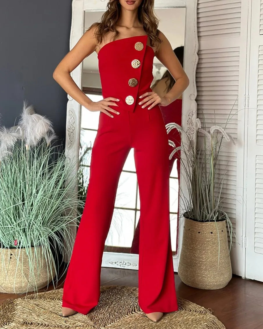 UNIKCOSA™ 2025 Summer Elegant Strapless Jumpsuit – Sexy Button-Decor Wide-Leg One-Piece | Women’s Sleeveless Streetwear Outfit