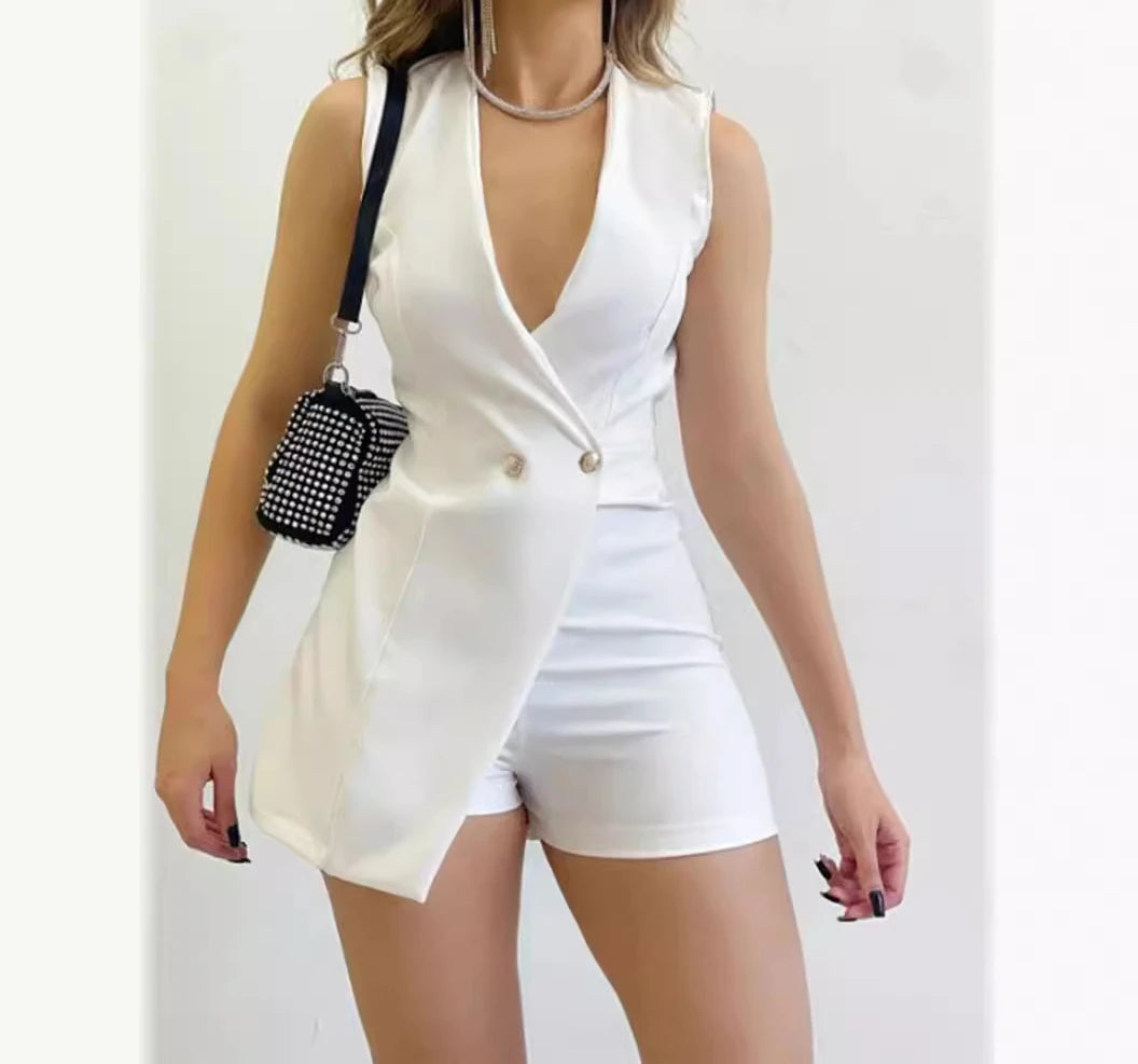 UNIKCOSA™ Summer 2024 Elegant Short Jumpsuit – Women’s Sleeveless Slim Fit High-Waist One-Piece | Solid Color Sexy Office & Fashion Outfit