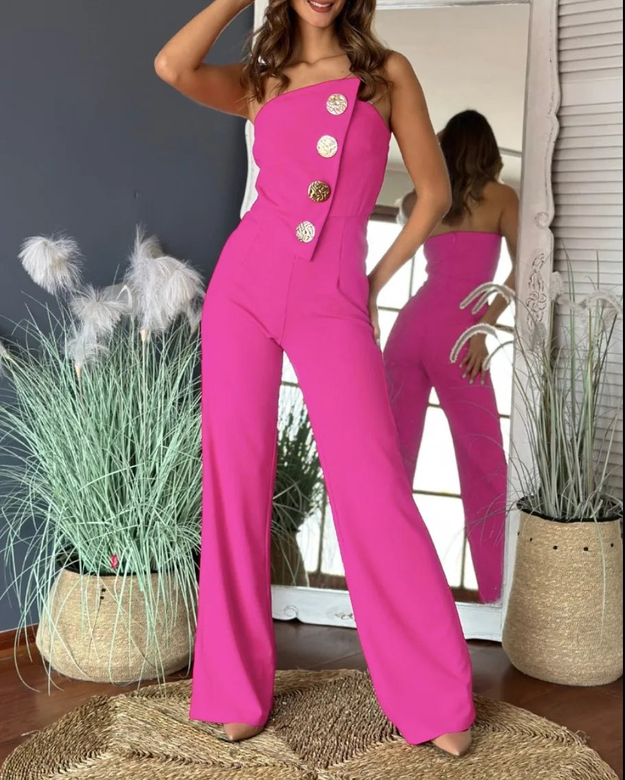 UNIKCOSA™ 2025 Summer Elegant Strapless Jumpsuit – Sexy Button-Decor Wide-Leg One-Piece | Women’s Sleeveless Streetwear Outfit