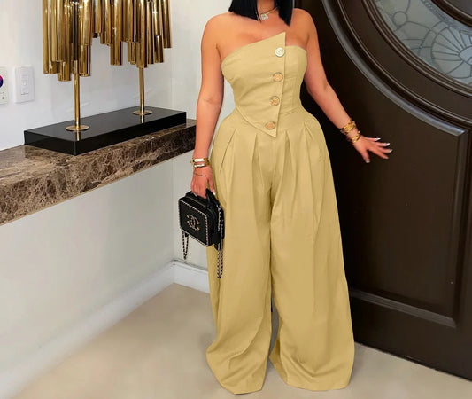 UNIKCOSA™ 2025 Summer Strapless Jumpsuit – Sexy High-Waist Button-Up Wide-Leg One-Piece | Women’s Sleeveless Fashion Outfit