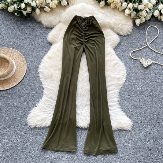 Summer Y2K Long Pants Women Solid Wrinkled High Waist Trousers Girls Flare Pants Wholesale