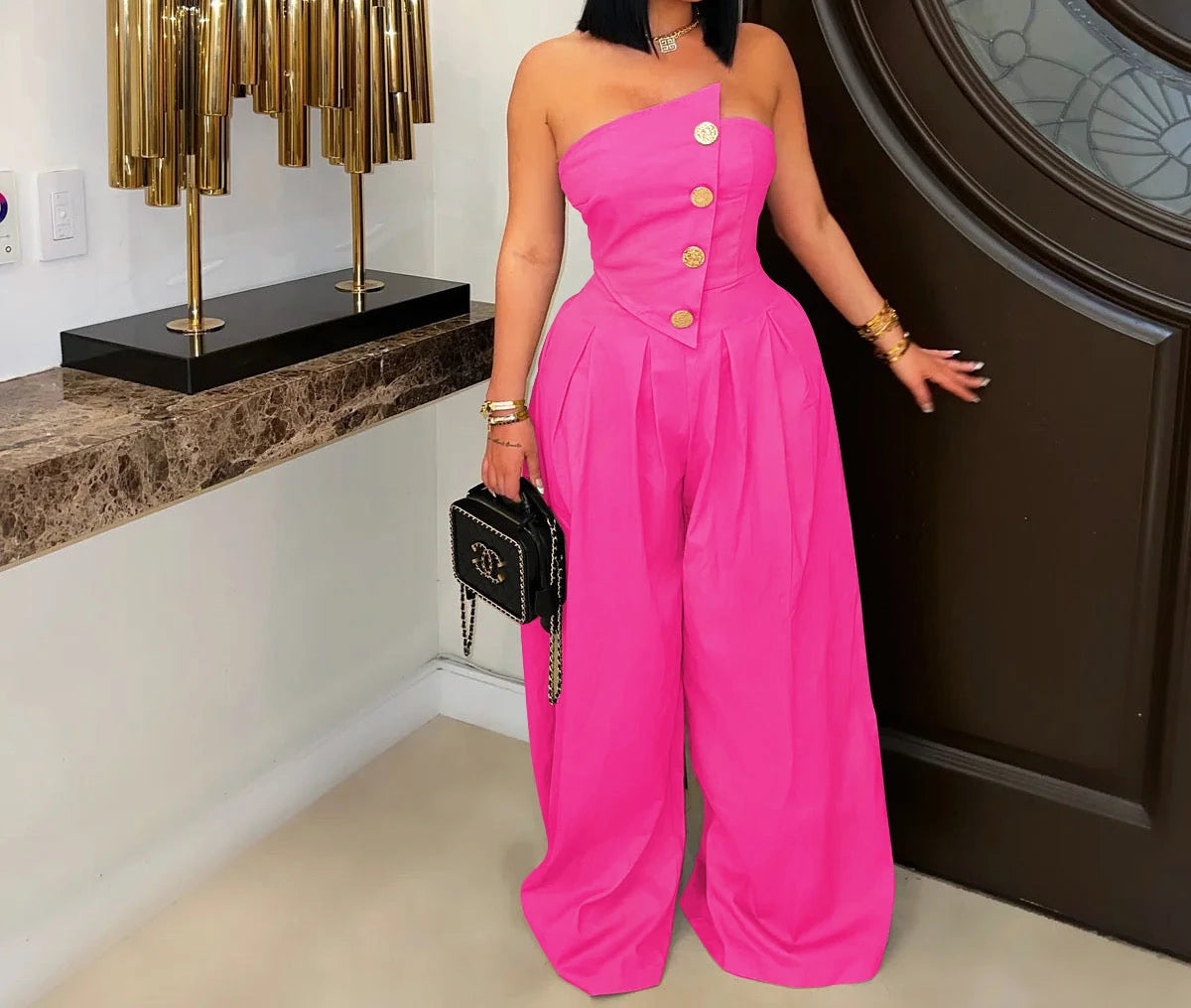 UNIKCOSA™ 2025 Summer Strapless Jumpsuit – Sexy High-Waist Button-Up Wide-Leg One-Piece | Women’s Sleeveless Fashion Outfit