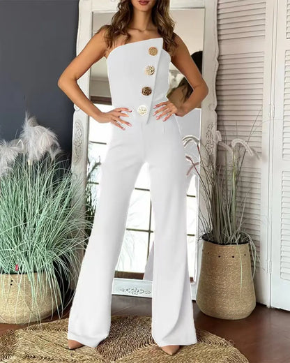 UNIKCOSA™ 2025 Summer Elegant Strapless Jumpsuit – Sexy Button-Decor Wide-Leg One-Piece | Women’s Sleeveless Streetwear Outfit