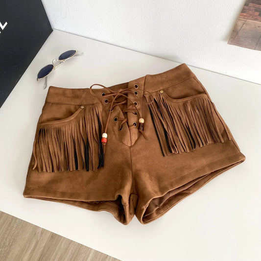 UNIKCOSA Women’s Autumn Tassel Shorts – 2025 High-Waist Vintage Wide-Leg Printed Pants (Outdoor Chic Edition)