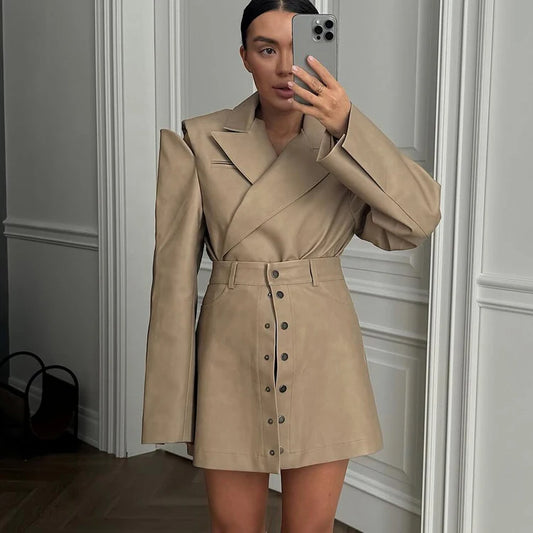 UNIKCOSA Women’s PU Leather Streetwear Set – 2-Piece Jacket & Skirt Suit (Spring/Autumn 2025 Edition)